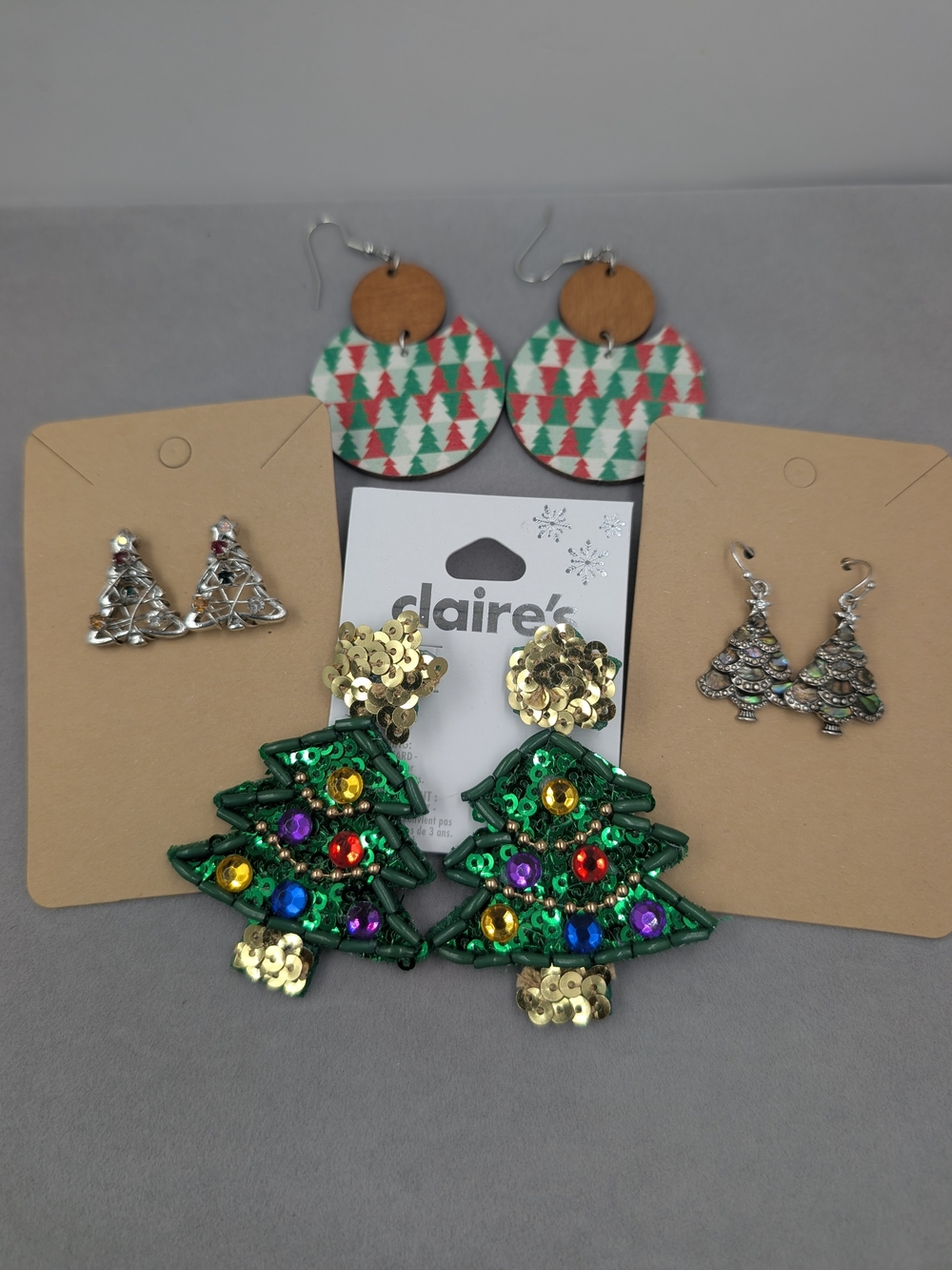 Claire’s Christmas Tree Earrings Sequin Wood Silver 4 Pair Lot | 0918